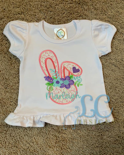 Floppy Girl Bunny Head with Flowers Applique Top